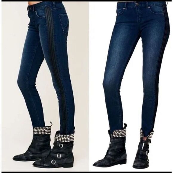 Free People Vegan Leather Trim Blue Skinny 5 Pocket Aquatic Blue Sz 27 - Picture 1 of 12